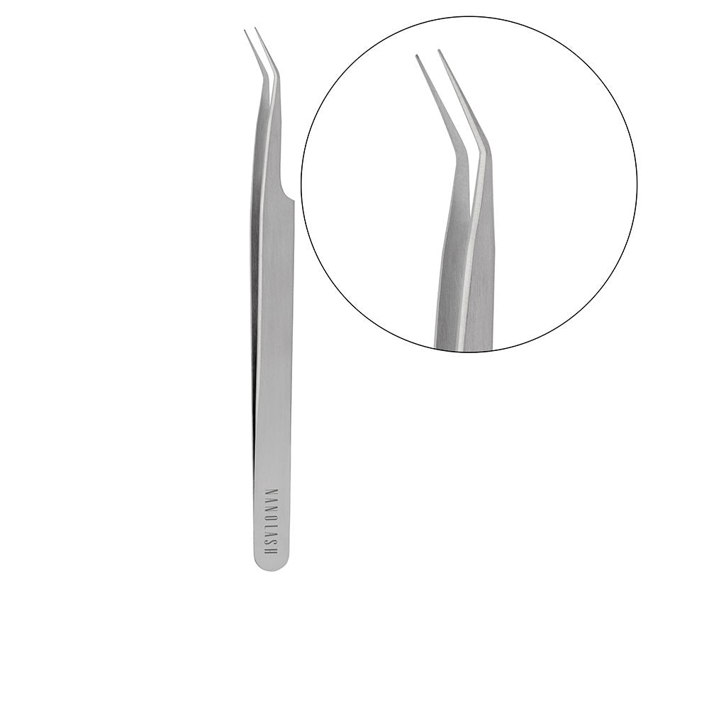Nanolash Silver metal curved tweezers with angled tips, slim body and engraved text, expert-crafted finish