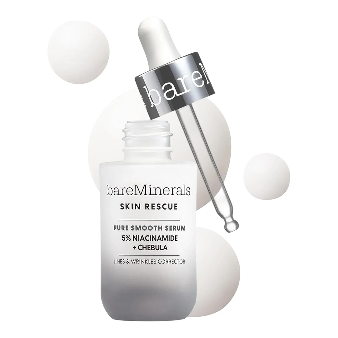 Bare Minerals Sleek glass dropper bottle of Skin Rescue Pure Smooth Serum on neutral background, clean minimalist styling