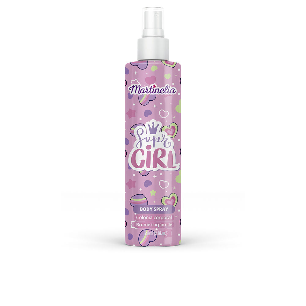 Martinelia Delicate pink body spray bottle with spray nozzle, heart and rainbow patterns, crown text graphic