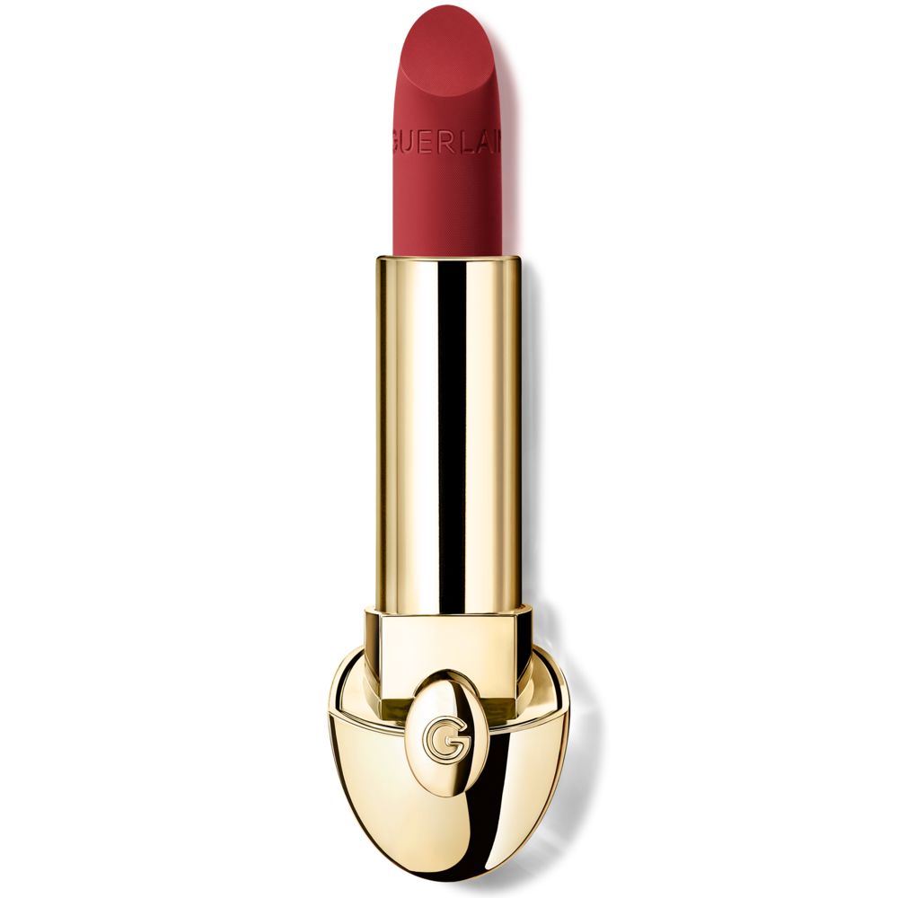 Guerlain red matte lipstick with gold metallic casing, embossed name, rounded base logo emblem