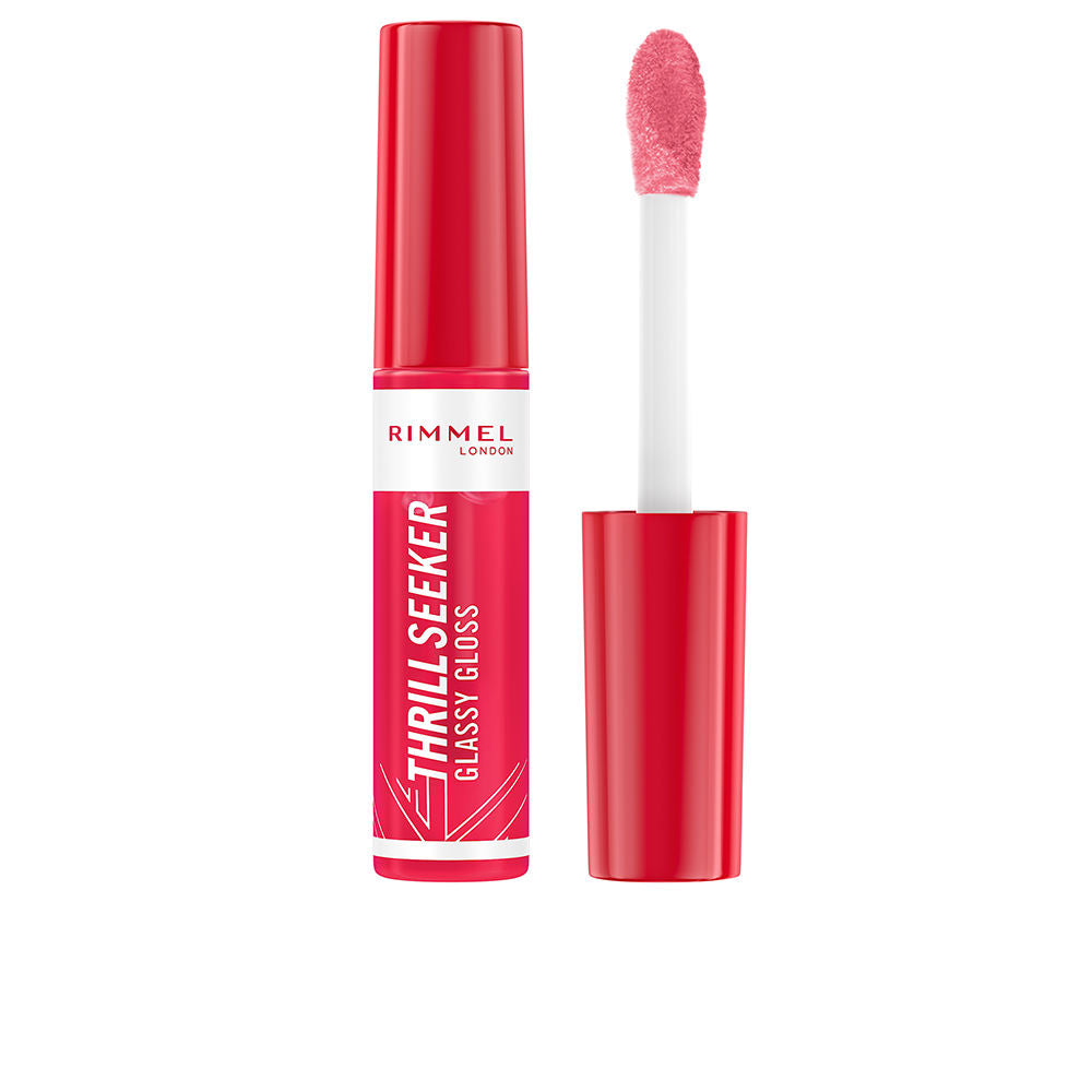 Rimmel Red and white plastic lip gloss tube with applicator wand and glossy finish, photographed on white background