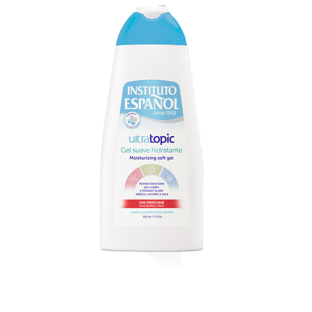 Instituto Español White and blue plastic curved bottle with flip-top cap, labeled moisturizing gel; clean, modern bath design