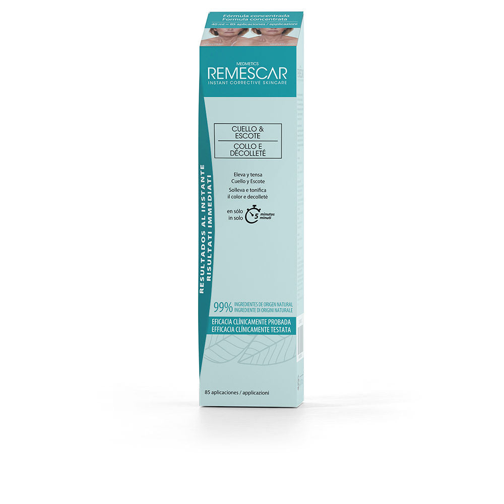 Jar of Remescar neck and décolleté lifting cream on neutral background
