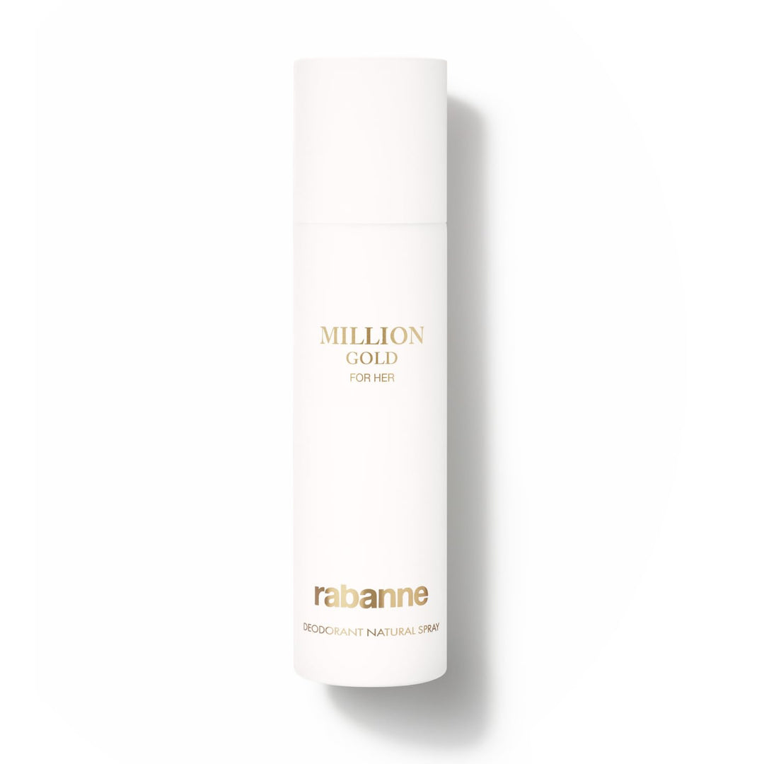 White cylindrical deodorant spray bottle with minimalist label and silver cap, Rabanne branding visible.