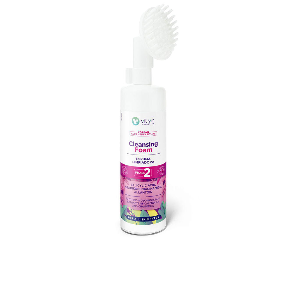 White cylindrical plastic cleansing foam with brush-top and pump, colorful purple and green label, Diet Esthetic