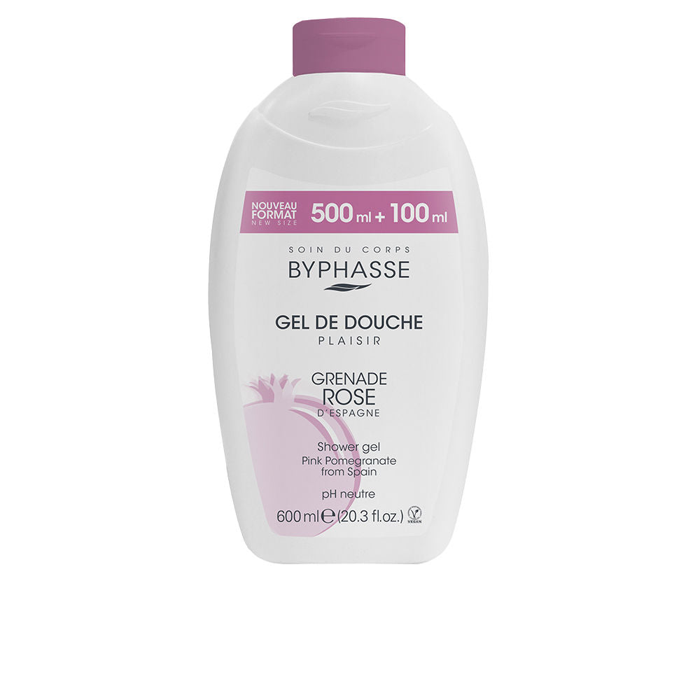 Bottle of Byphasse pink pomegranate shower gel with fresh pomegranate accents
