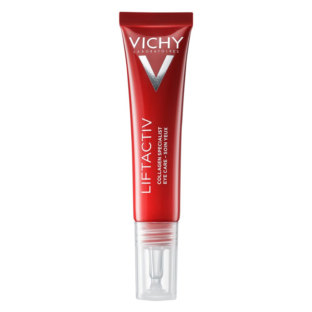 Vichy Red plastic eye cream tube with clear cap, silver logo, narrow nozzle and vertical text