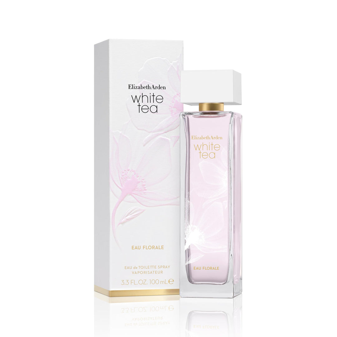 Slim clear bottle with soft pink perfume and gold cap, 100 ml