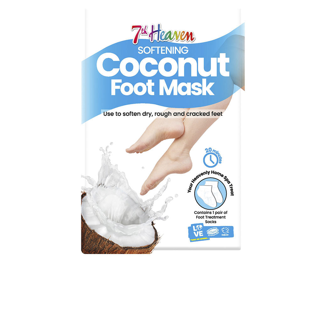 7th Heaven Creamy white and blue foot mask tub with feet image, coconut splash graphic and 20‑minute clock