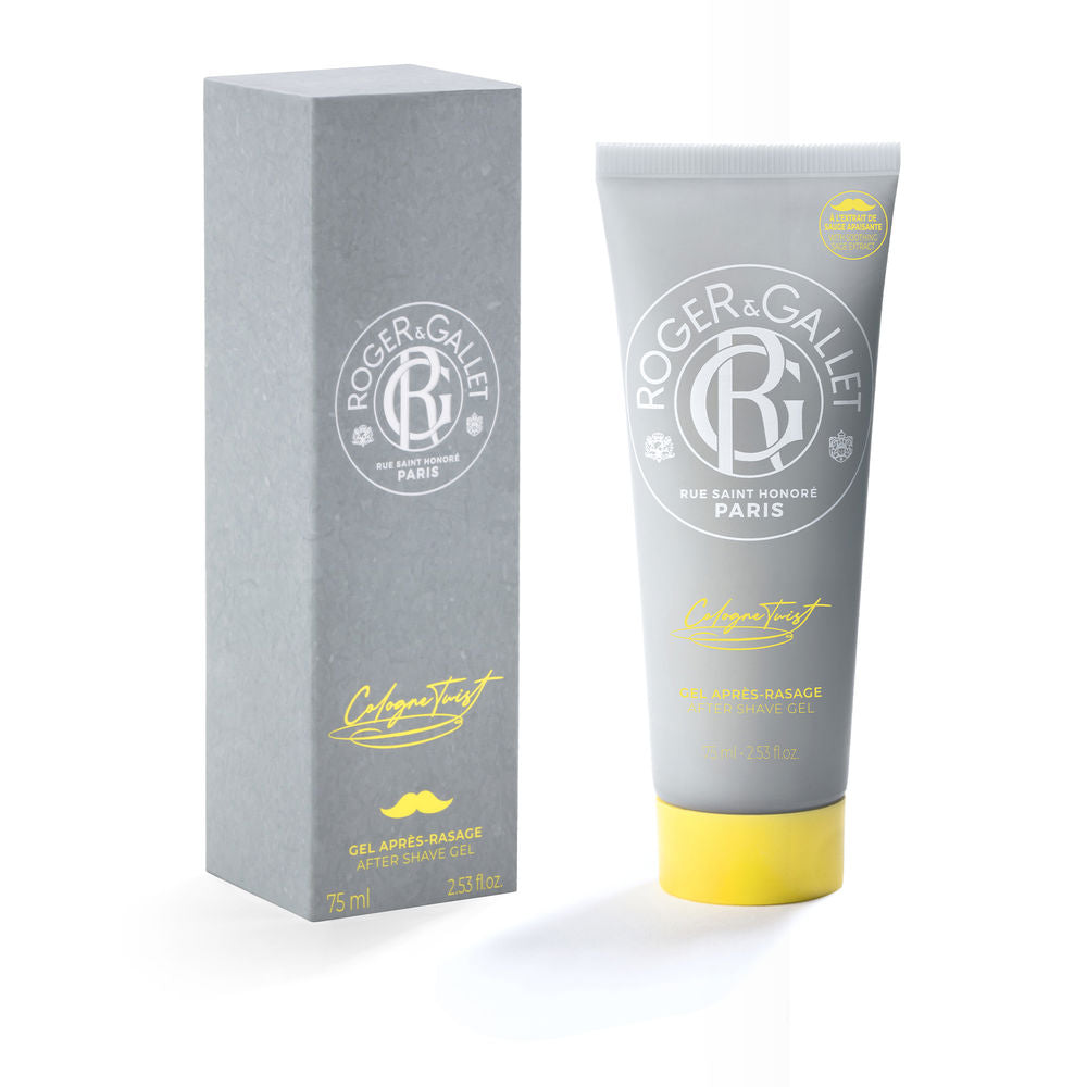 Gray and yellow aftershave gel tube and box in minimalist packaging, plastic tube, cardboard box, mustache icon, Roger & Gallet