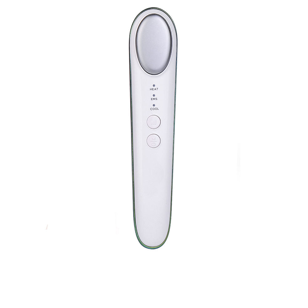 Paloma Beauties White plastic and metal facial massager with oval metal head, two buttons, indicator lights, mode labels.