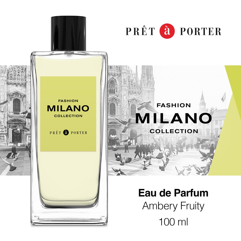 Pret-a-porter Minimalist rectangular glass perfume bottle with black cap, yellow label text, transparent light‑yellow liquid