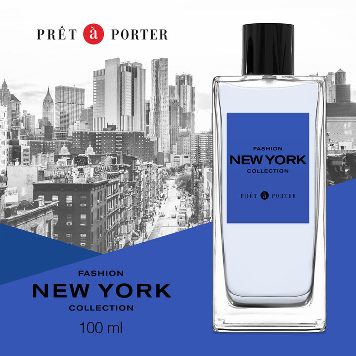 Pret-a-porter Transparent glass rectangular perfume bottle with blue label and black cap, visible amber liquid