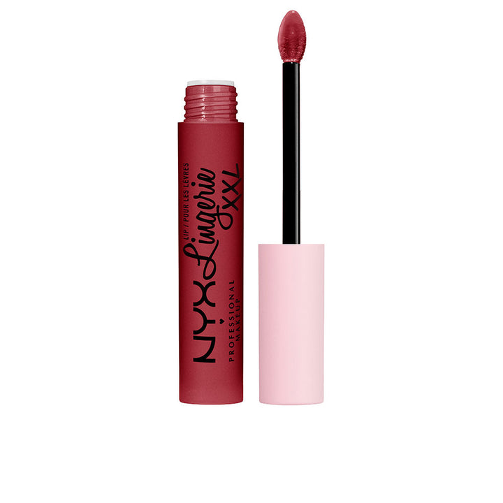 Sleek tube of long‑wear matte liquid lipstick, red shade, wand applicator visible