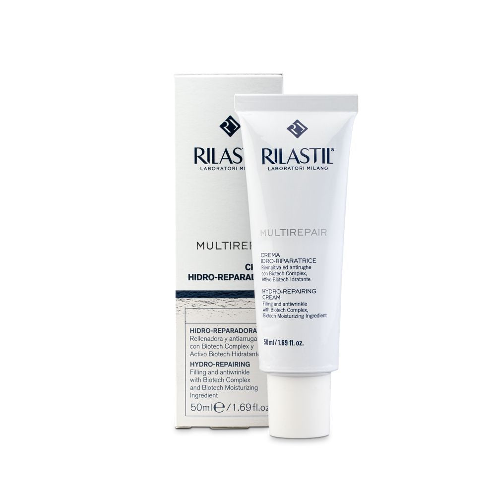 Rilastil daily facial treatment cream in a minimal jar, neutral background