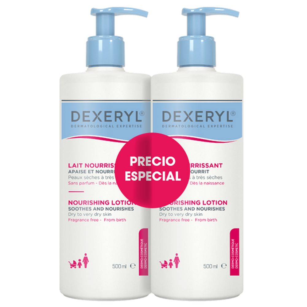 Bottle of Dexeryl Nourishing Lotion with dispenser, light fluid texture