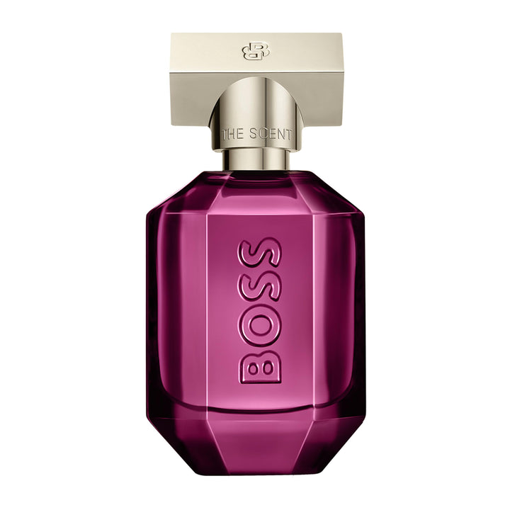 Faceted purple glass perfume bottle, frosted gold cap, 30 ml, amber‑musk scent
