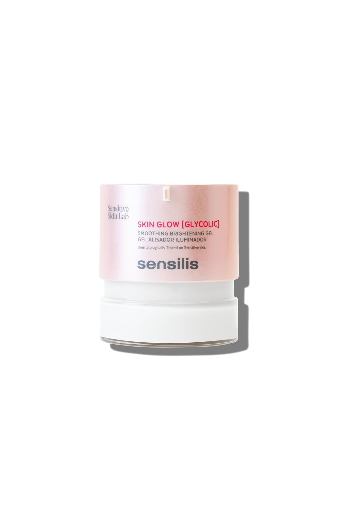 Sensilis Glass bottle with pump of glycolic radiance gel, translucent pale pink formula visible through glass