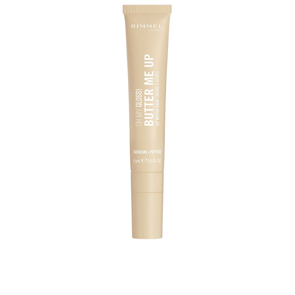 Small beige-tinted lip butter balm in a rounded stick, glossy finish