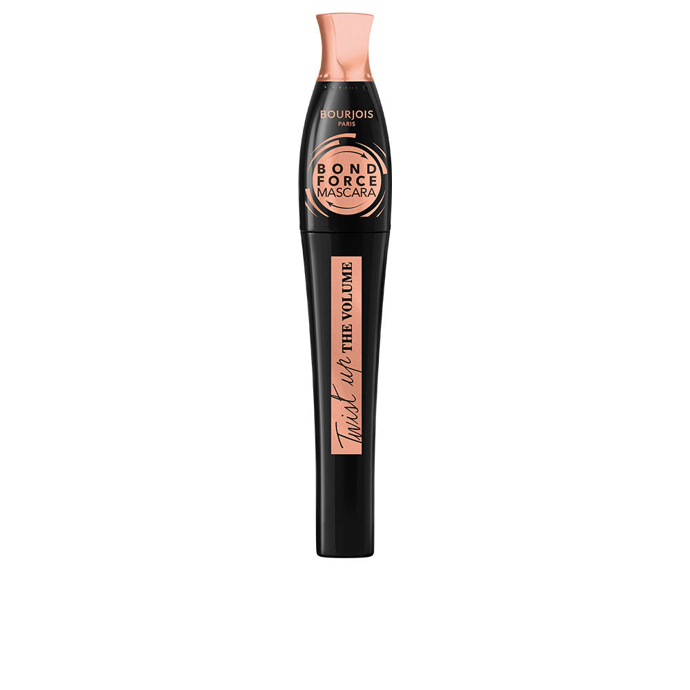 Bourjois mascara tube in black and rose gold plastic, curved bottle with twist-up mechanism