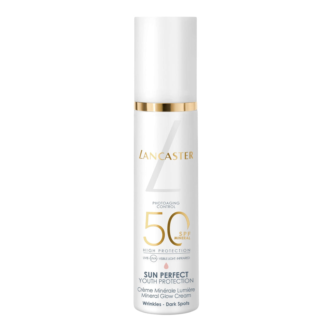 Jar of mineral SPF50 cream with subtle pink luminous tint and smooth cream texture, Lancaster