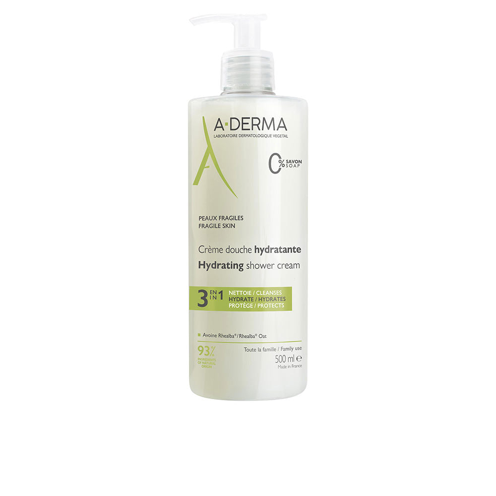 Bottle of A-derma moisturizing shower cream with organic Avena Rhealba for sensitive skin
