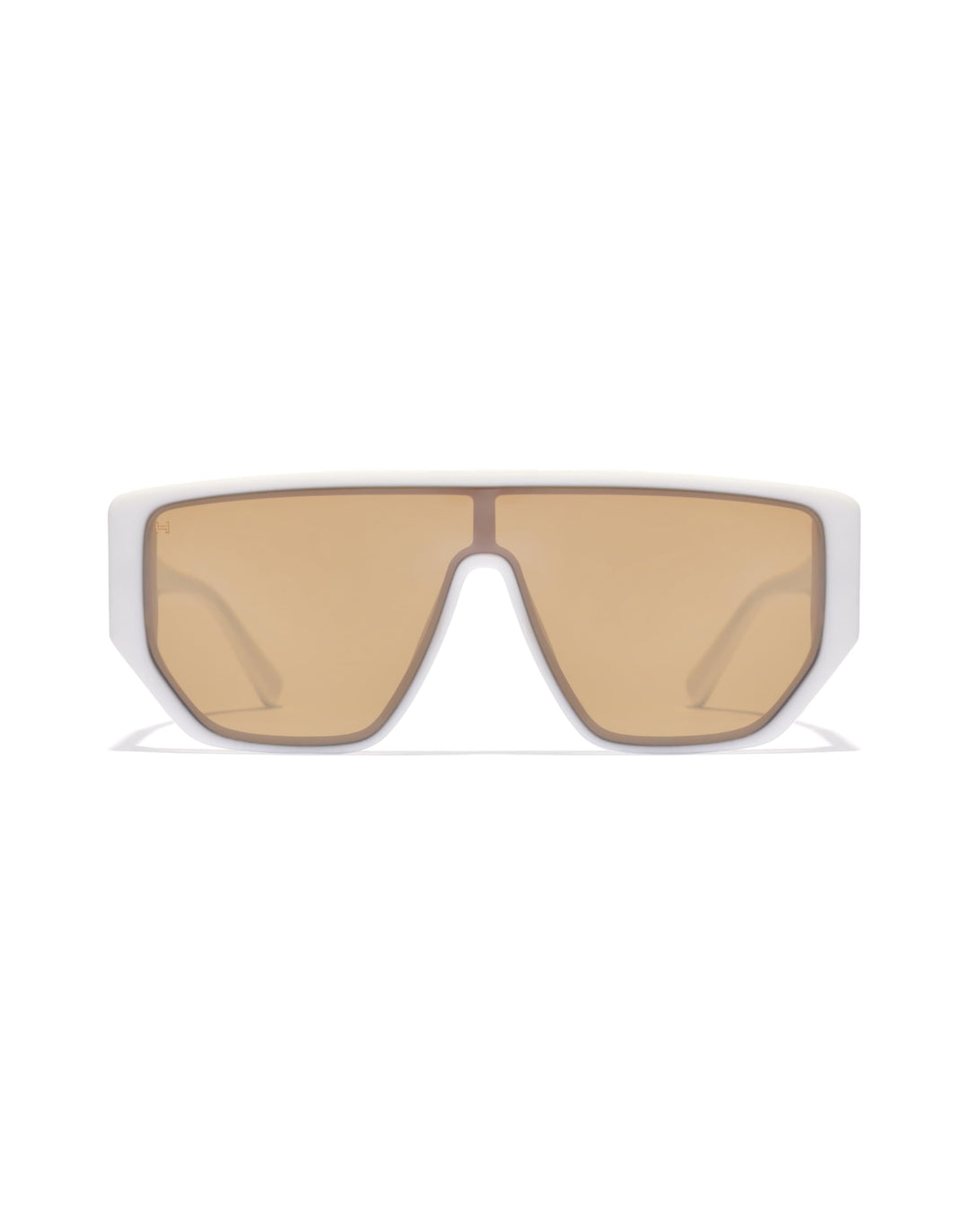 Hawkers futuristic rectangular sunglasses with white frame, single continuous brown lens, angular flat-top cutout bridge