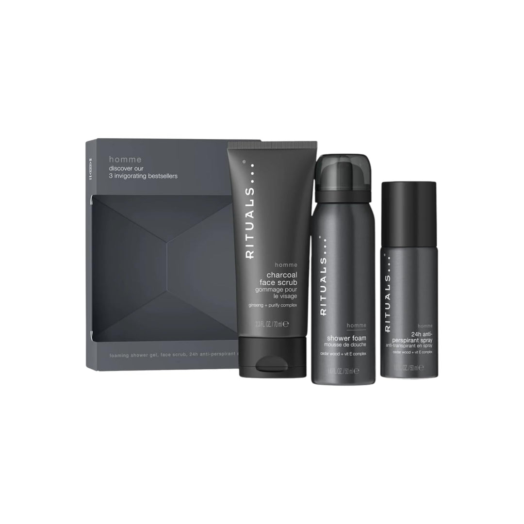 Rituals Homme Collection gift set with three bath and body essentials in elegant packaging