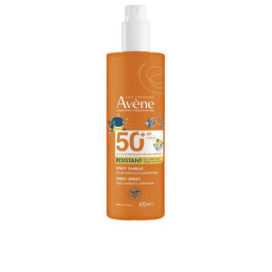 Avène white and orange spray bottle of SPF 50+ sunscreen for children on a neutral background
