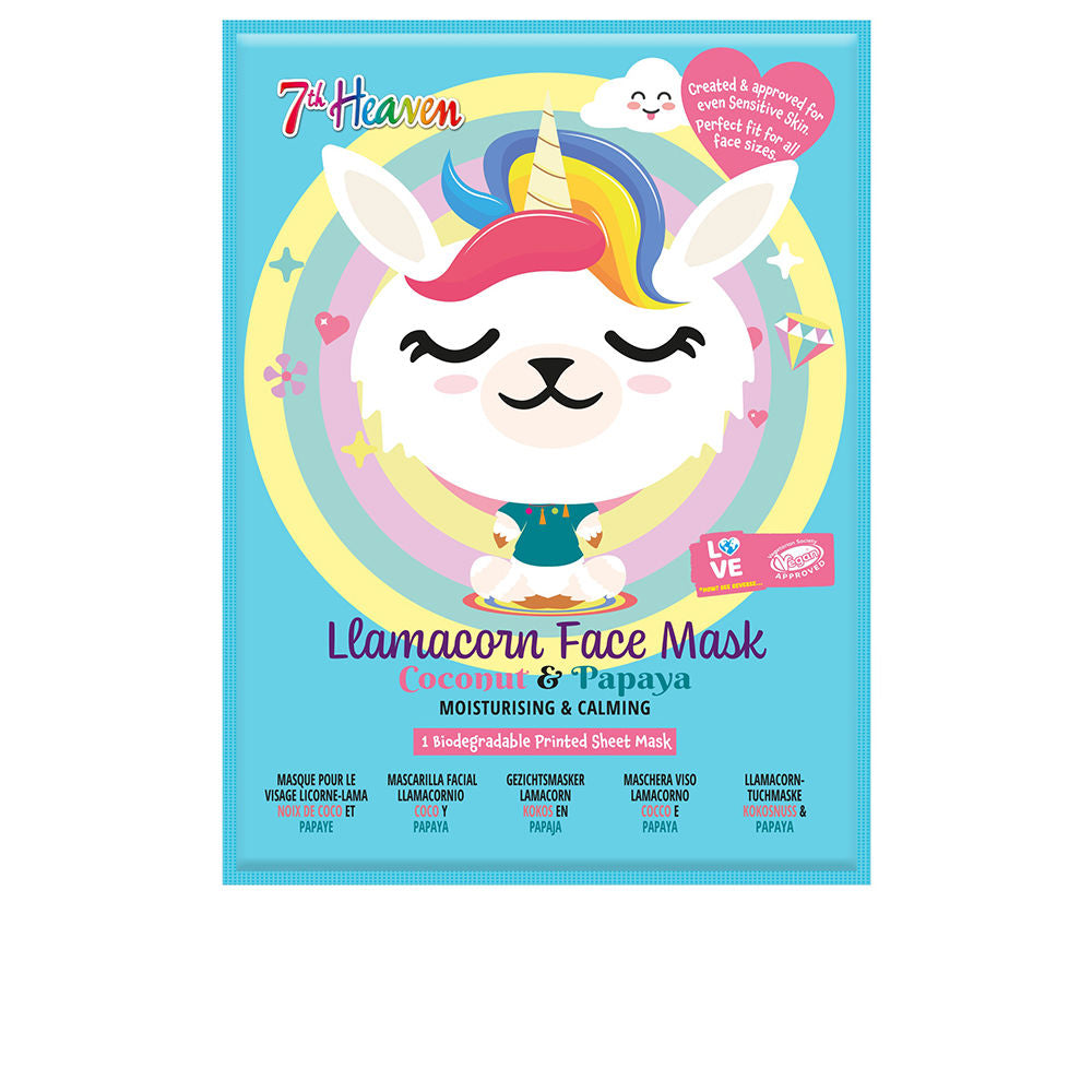 7th Heaven Playful blue fabric face mask with unicorn-llama illustration, rainbow circles, heart text bubble, vegan logo