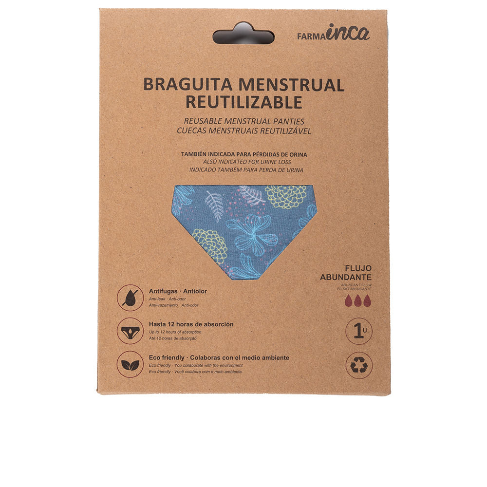 Inca blue menstrual panties with yellow and pink floral pattern, folded, youth cut, visible seam details.