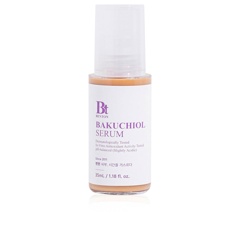 Benton Warm light brown cylindrical plastic serum bottle with pump, transparent cap and printed white‑and‑purple label