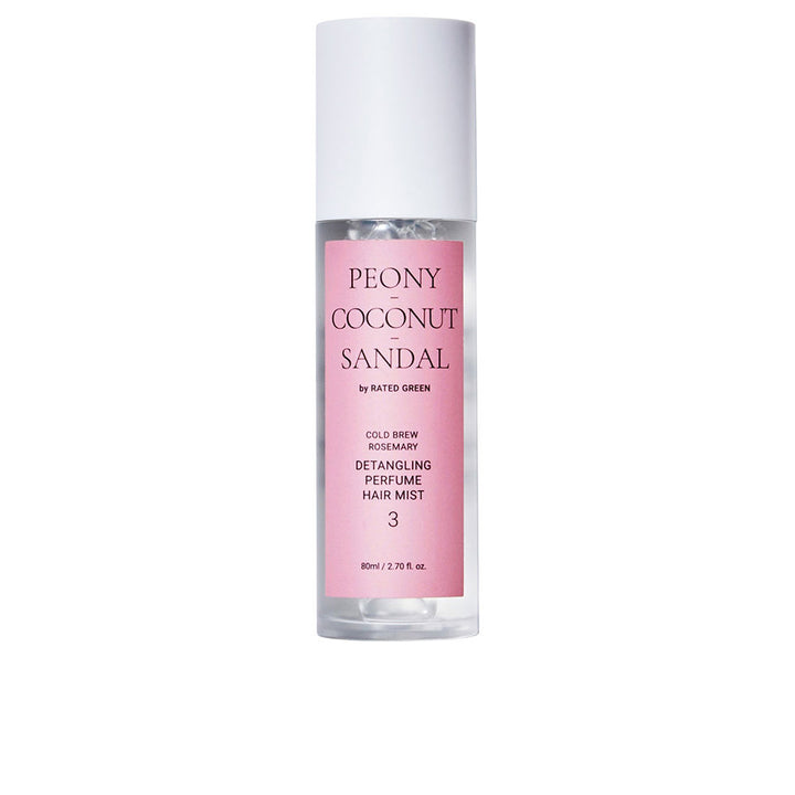 80 ml clear leave-in spray bottle with rosemary and coconut focus, floral fragrance