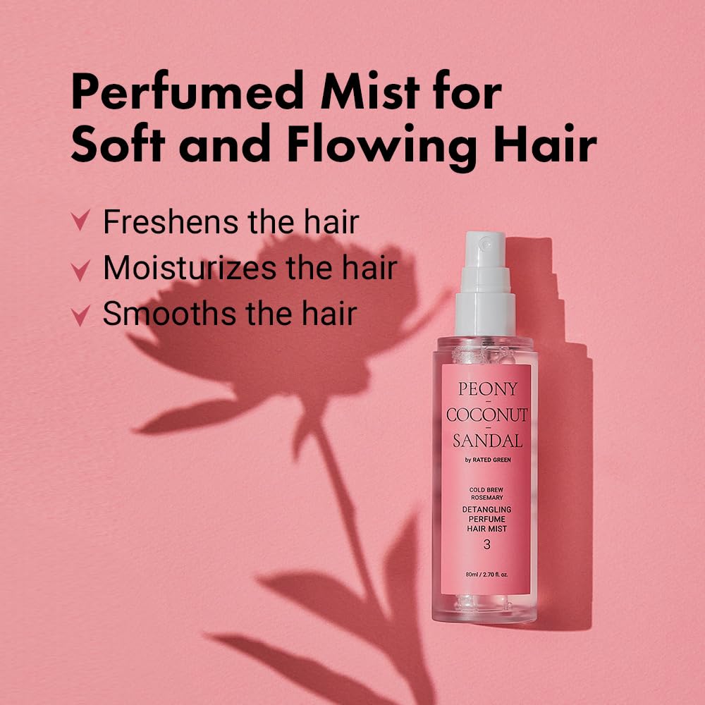 80 ml clear leave-in spray bottle with rosemary and coconut focus, floral fragrance