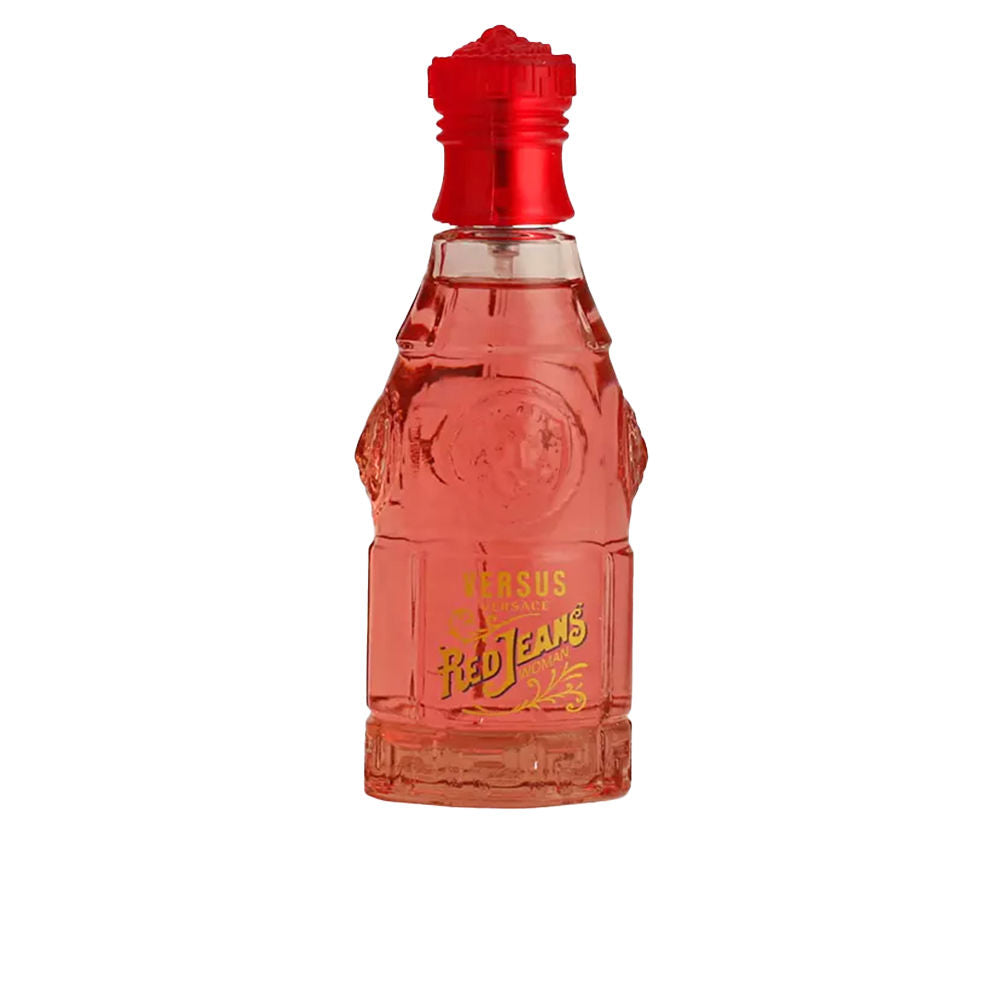 Versace Red glass perfume bottle with embossed ornate design and decorative cap, crafted glass silhouette