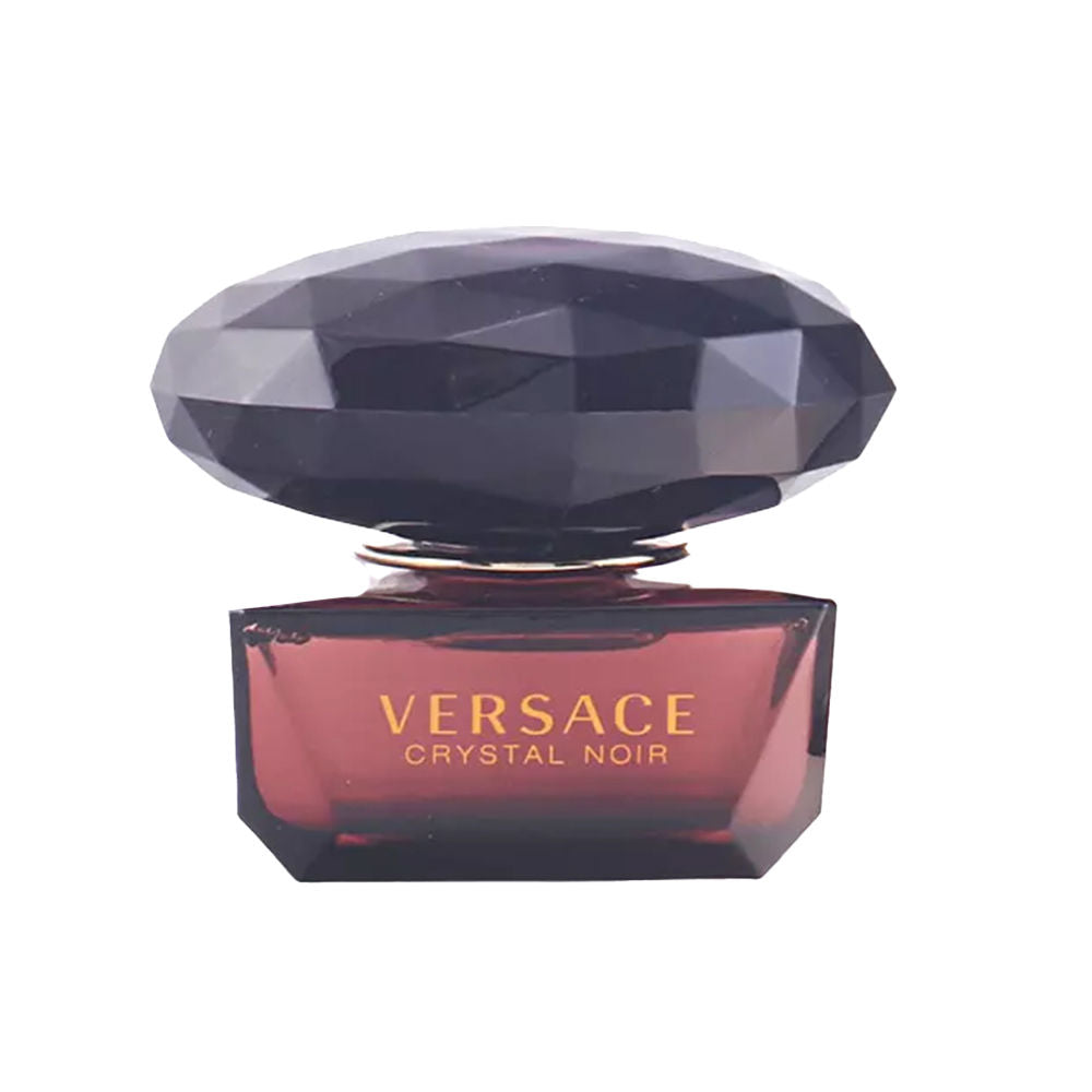 Deep red crystal perfume bottle with black cap and gold emblem, 50 ml