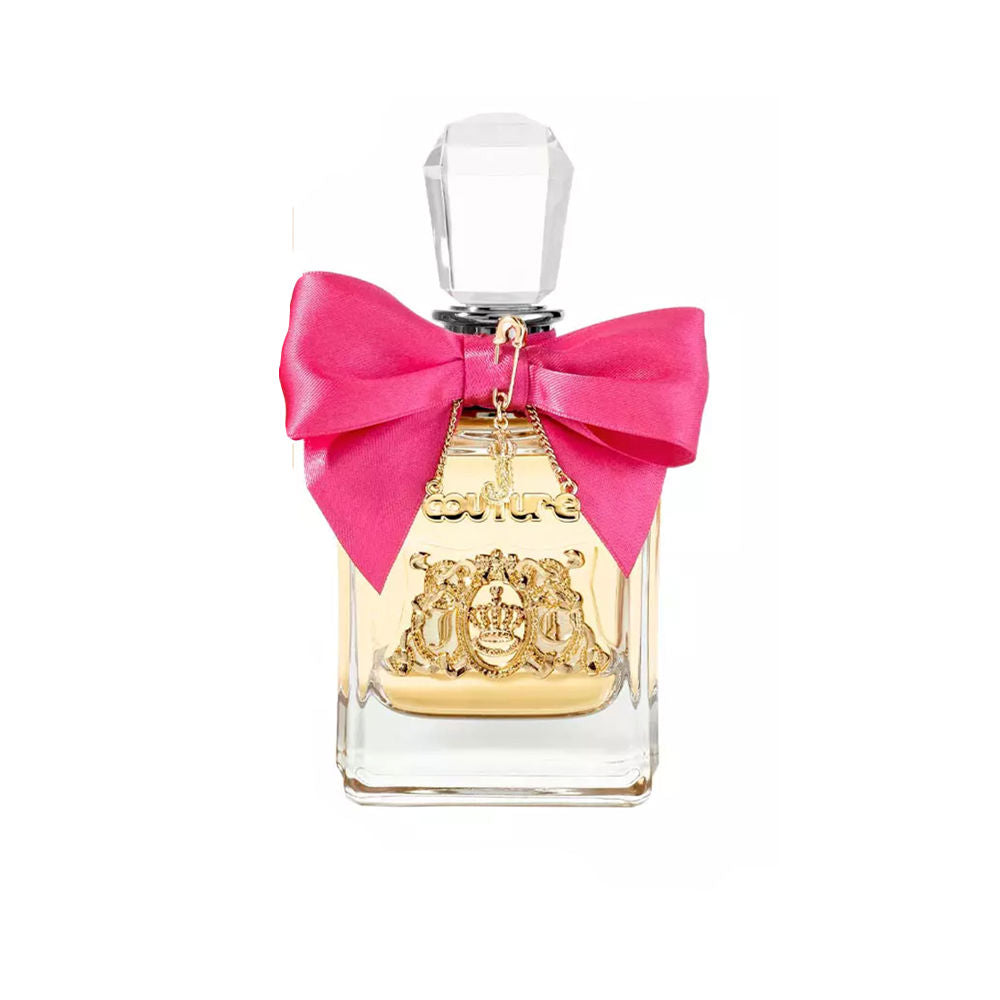 Clear glass 50 ml perfume bottle with fuchsia ribbon, floral‑fruity scent