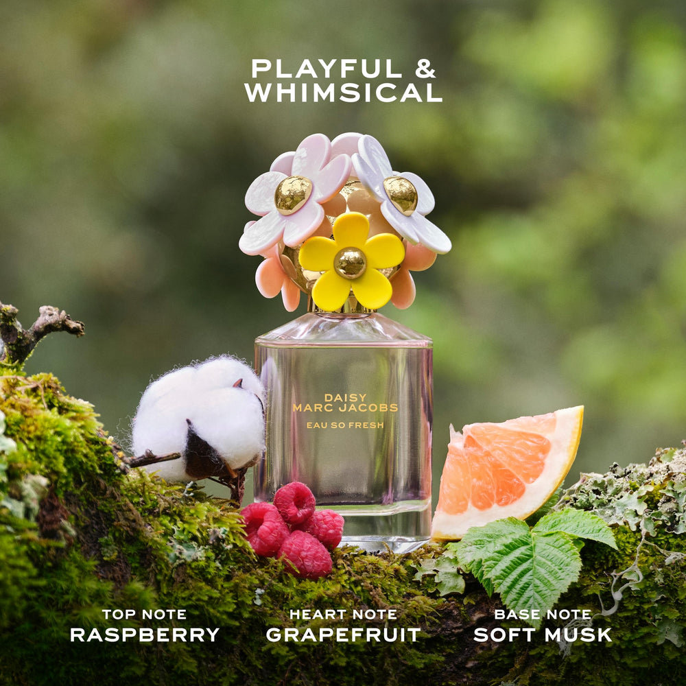Marc Jacobs Pink glass Eau de Toilette spray with flower-shaped cap, gold accents, printed text, floral box