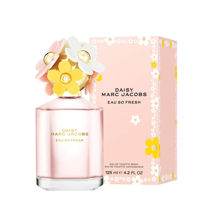 Marc Jacobs Pink glass Eau de Toilette spray with flower-shaped cap, gold accents, printed text, floral box