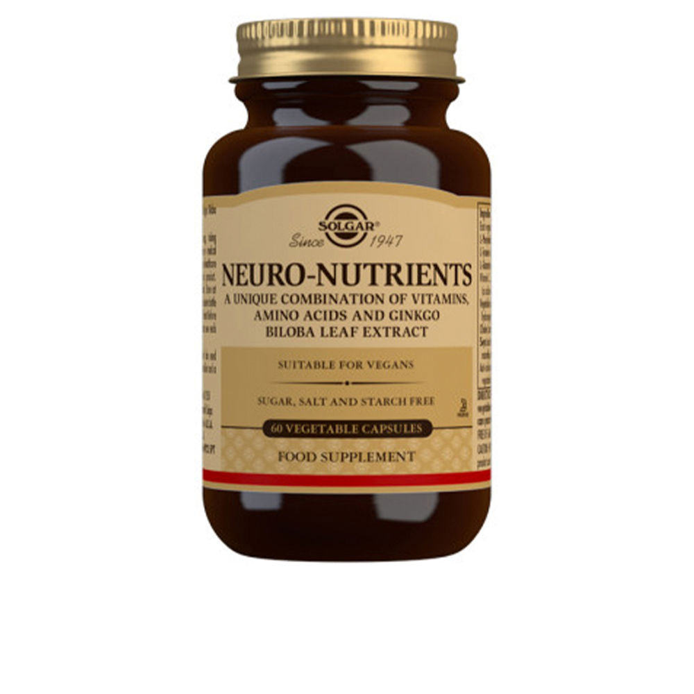 Solgar Glass round supplement bottle with beige label, gold screw cap, black and red text, classic apothecary style