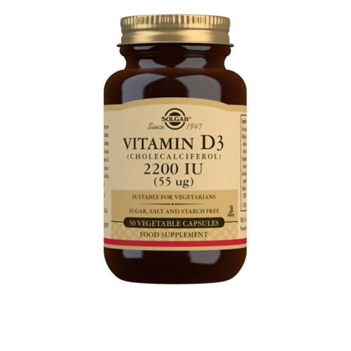 Small amber bottle of 50 vegetable Vitamin D3 2,200 IU capsules, Unisex