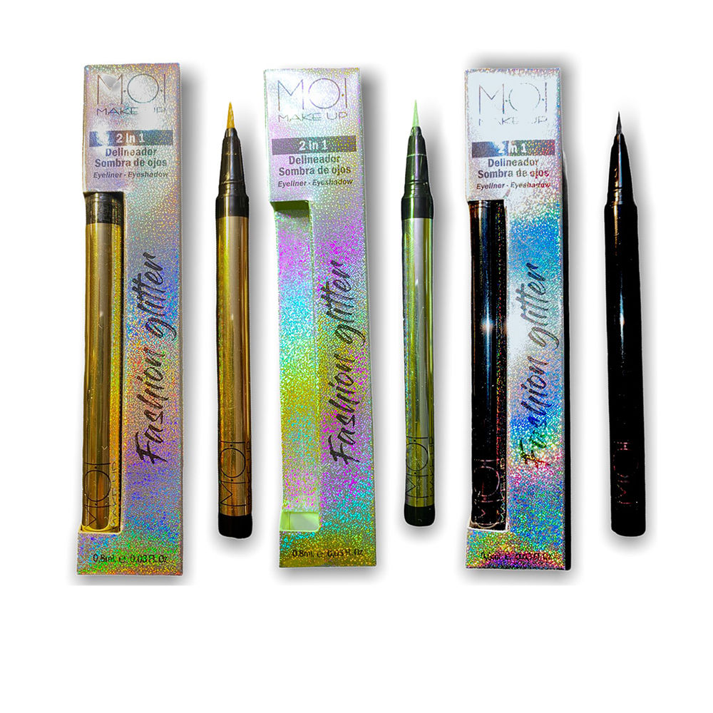 Gold, green, and black 2-in-1 eyeliner and eyeshadow pens with fine tip and holographic packaging, Moi
