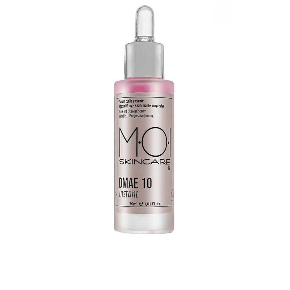 Moi Pink and silver glass serum bottle with dropper cap, transparent body, readable label, small size