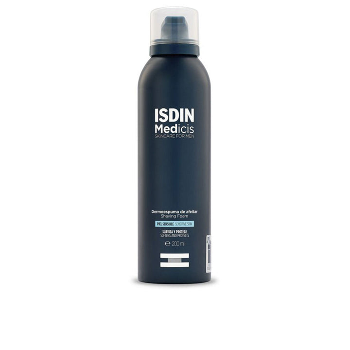 Isdin Dark blue plastic shaving foam can with spray nozzle and plastic cap, minimalist design