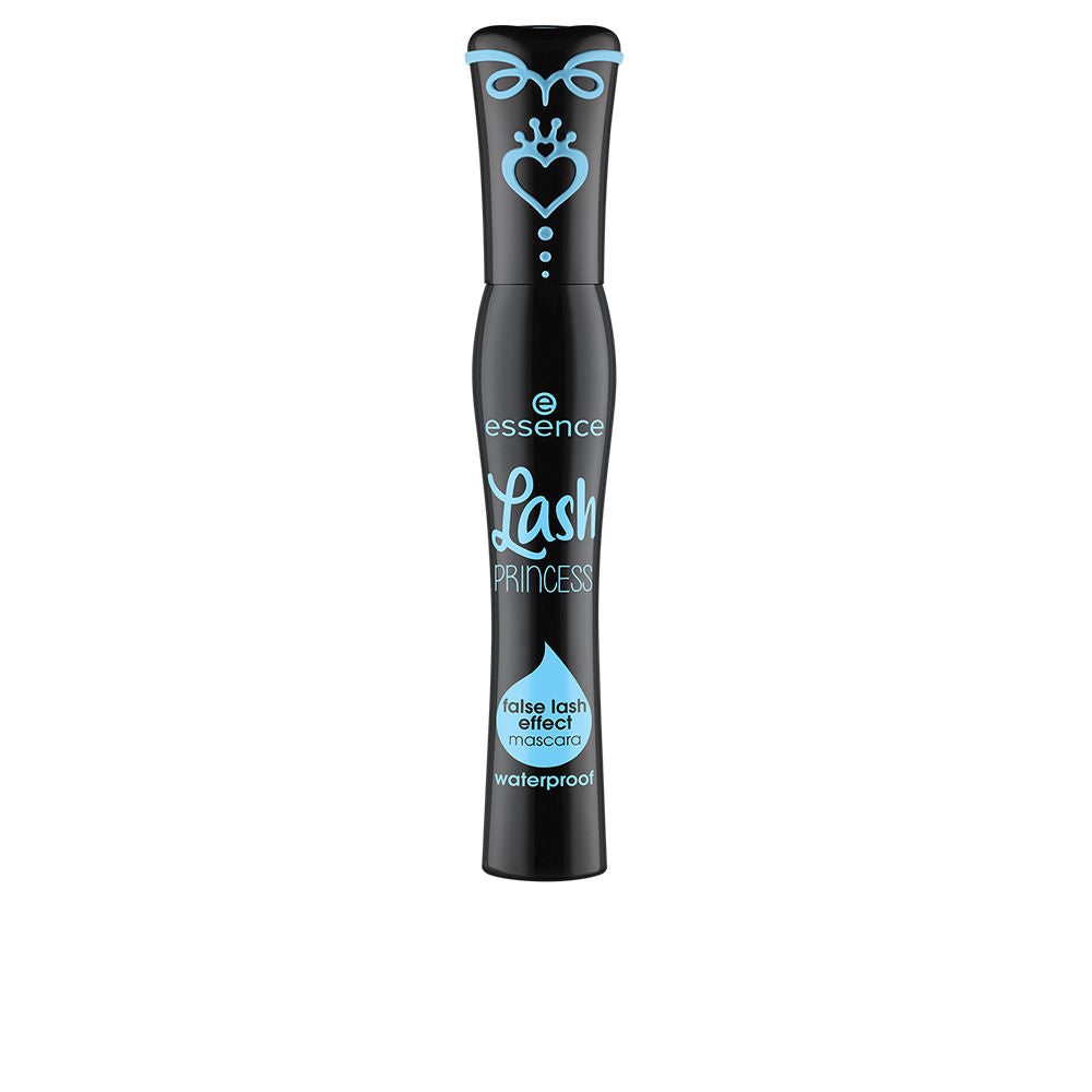 Essence Black plastic curved mascara tube with matte and glossy finish, light-blue heart, crown, and water-drop graphics