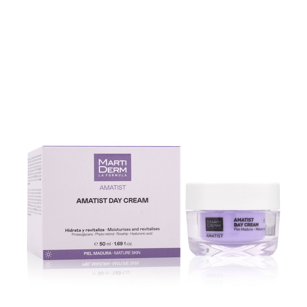 Pot of Martiderm Amatist Day Cream on neutral background, open lid showing cream texture
