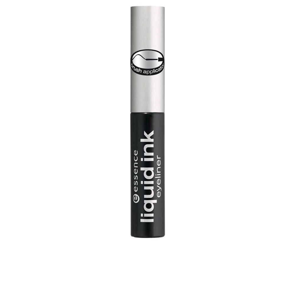 Essence black and silver cylindrical liquid eyeliner pen with brush applicator icon and printed text