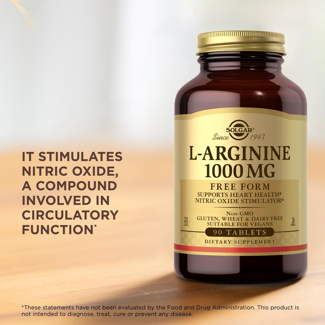 Solgar L‑Arginine 1000 mg tablets bottle — vegan, clean formula