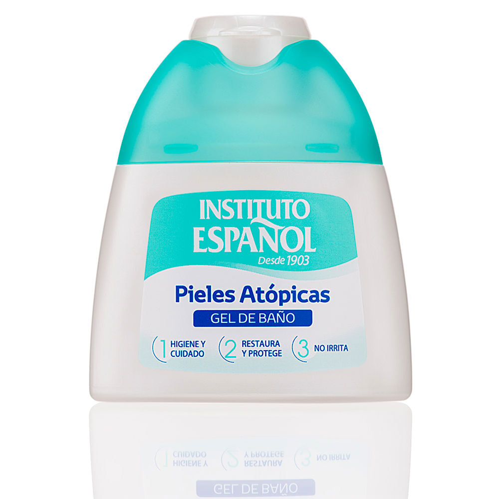 Instituto Español White and turquoise plastic curved shower gel bottle with flip-top cap, two-tone label and numeric text