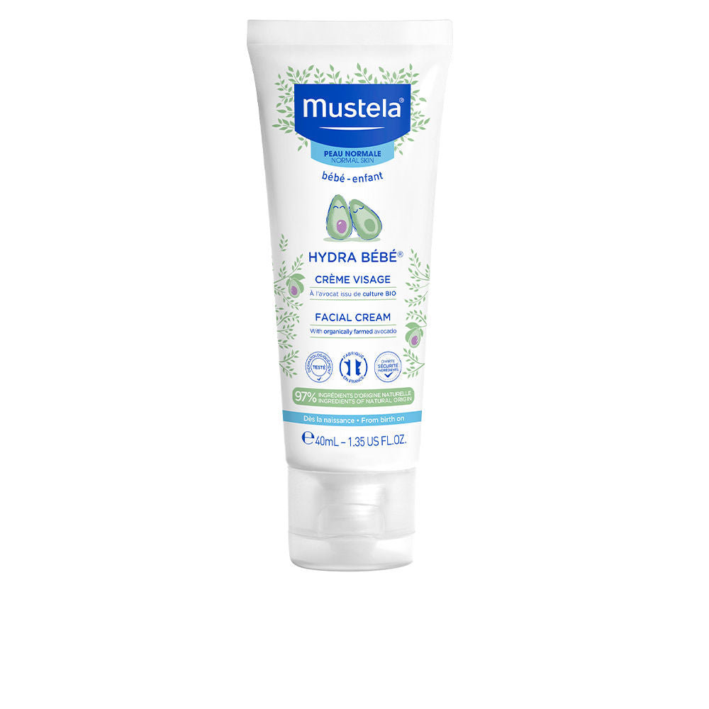 Plastic tube of facial cream with avocado illustrations, measurement markings, blue and green accents — Mustela